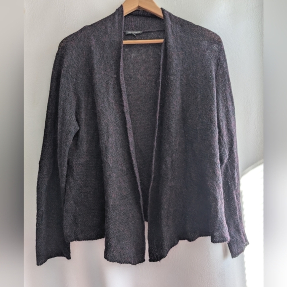 Eileen Fisher Purple Grey Wool Mohair Blend Textured Knit Open Cardigan - S
